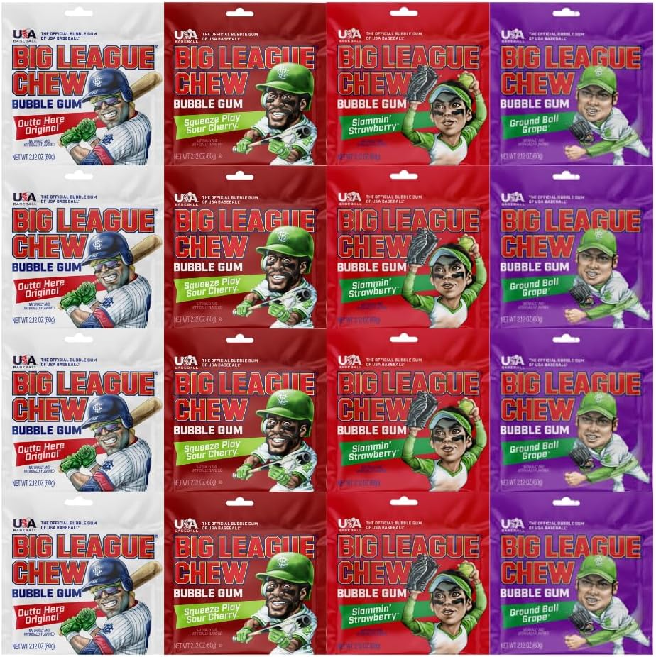 Variety Pack Big League Chew Bubble Gum, Chewing Gum Pouches, 16 Count Pack, 2.12 oz Each, Fun Soft Shredded for Kids and Adults, Classic Gum Snack