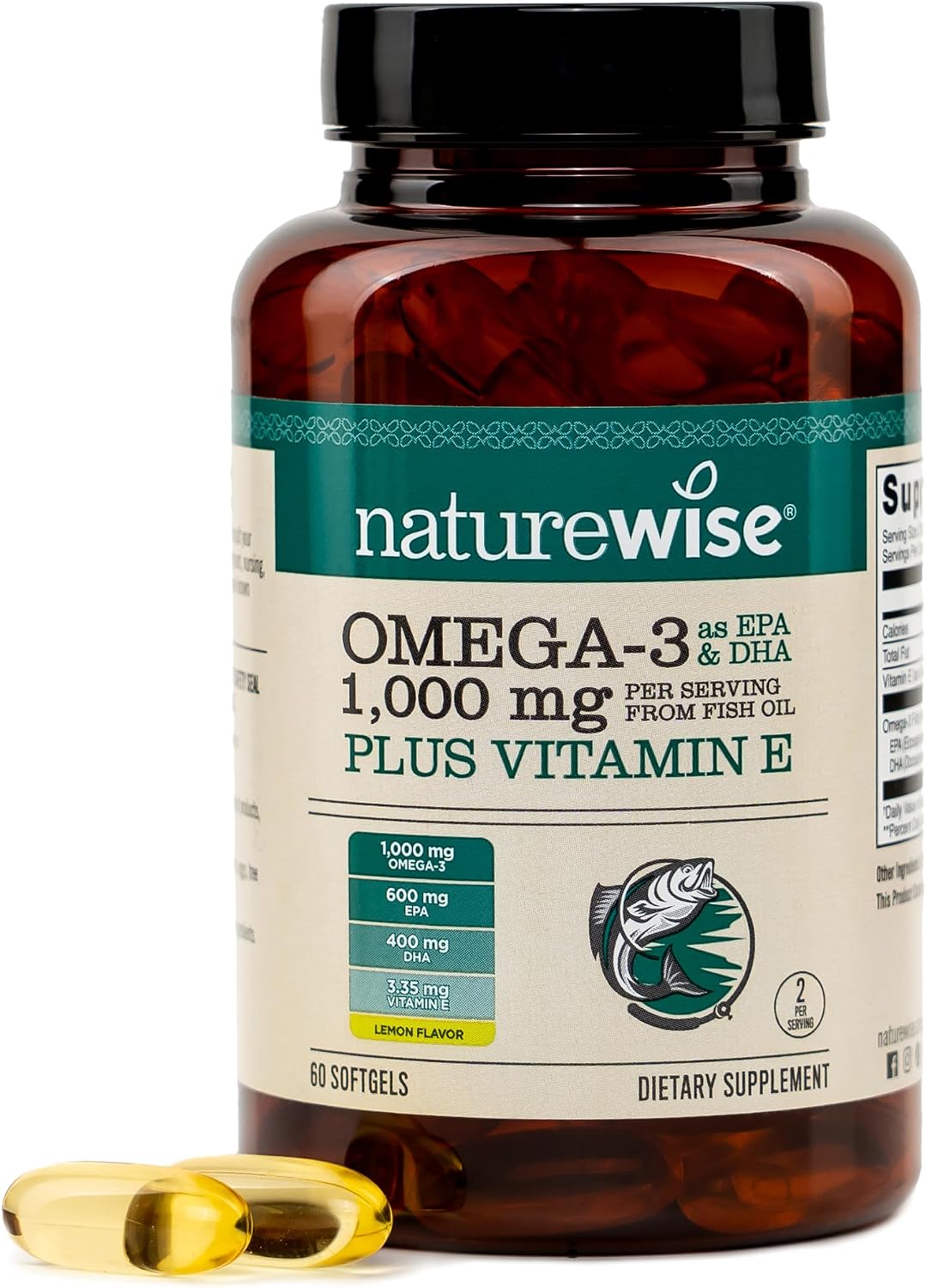 NatureWise Omega 3 Fish Oil 1000mg with Vitamin E, EPA & DHA, 60 Softgels