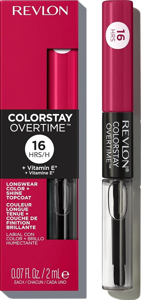 Revlon ColorStay Overtime Lipcolor, 010 Non-Stop Cherry, 0.07 fl oz | Dual-ended liquid lipstick with clear lip gloss. Moisturizing ingredients. Won't smudge, bleed or feather. - Lip Makeup - Beauty