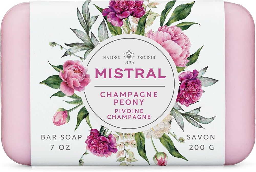 Mistral Champagne Peony Classic French Bar Soap for Women & Men, 2 x 7 oz - Personal Care