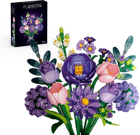 Purple Flower Bouquet Building Set, 624 PCS Botanical Collection Artificial Flowers for Adults Women, Home Decor for Living Room, Christmas Birthday Valentines Gifts for Mom Her, Compatible with Lego