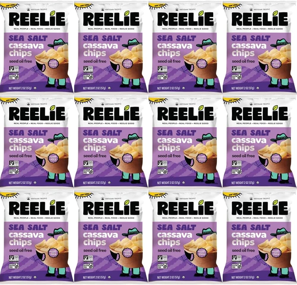 Sea Salt Cassava Chips Reelie, 2 oz (12 Pack) – Crispy Gluten Free Snack, Non-GMO Cassava Chips, Lightly Salted Crunchy for Snacking
