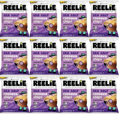 Sea Salt Cassava Chips Reelie, 2 oz (12 Pack) – Crispy Gluten Free Snack, Non-GMO Cassava Chips, Lightly Salted Crunchy for Snacking