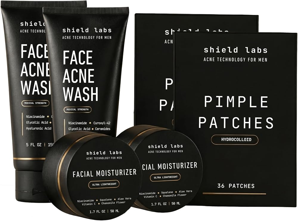 Acne System for Men and Boys, Face Wash, Moisturizer, Pimple Patches, Shield Men's Skin Care Set (4 Months) - Personal Care