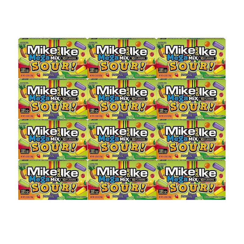 Chewy Candy Mike & Ike Mega Mix Sour 4.25 Oz Theater Box 12 Pack, Fruity And Sour Candy, Flavorful Snacks For Movies, Parties, And Anytime Cravings
