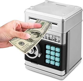 Toy Piggy Bank, Electronic ATM Password Cash Coin Can Auto Scroll Paper Money Saving Box Gift for Kids (Silvery)