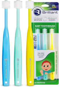 Brilliant Oral Care Baby Toothbrush with Soft Bristles and Round Head, for a Toddler Approved, Easy to Use All-Around Clean Mouth, 4-24 Months, When Front Teeth Appear, Blue Mint Yellow, 3 Pack