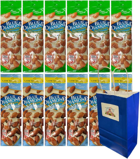 Variety Pack Diamond Almonds 12 Count – Whole Natural & Lightly Salted, 1.5 oz Snack Packs, Healthy Roasted Nuts, Protein Snack with Blue Paper Bag, Travel Office Lunch On-the-Go