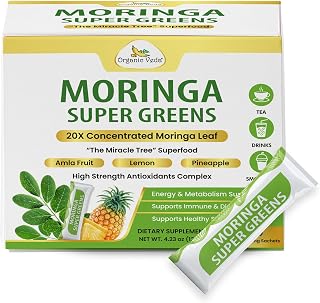 Organic Veda Moringa Amla Greens, Superfood Drink Mix Tea Powder 30 Sticks - Pineapple Juice, Concentrated Moringa Powder, Amla Juice Vitamin C & Antioxidants for Energy, Hair Growth, Skin & Immunity