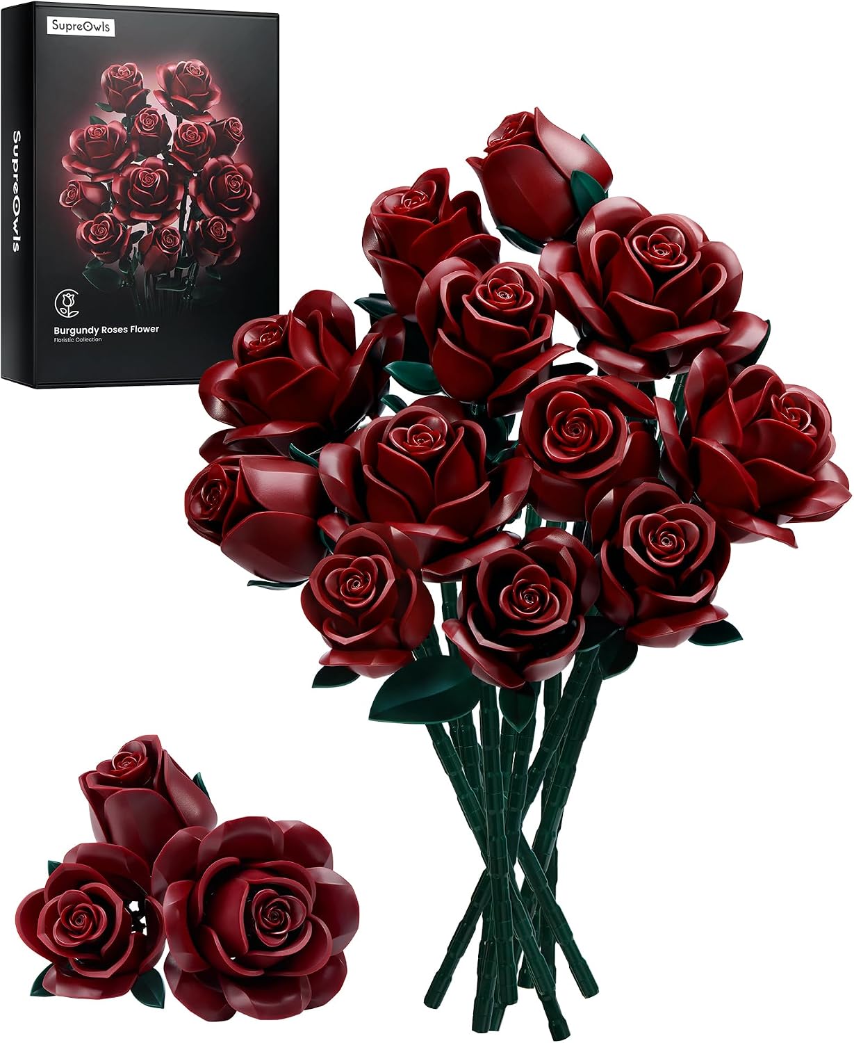 Burgundy Red Rose Bouquet Building Set Flower Botanical for Adult Women