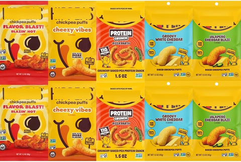 Chickpea Puffs Variety Pack, Blazin' Hot, Cheezy Vibes, Pizza Party, Groovy White Cheddar & Jalapeno Cheddar Blaze, 10 Pack