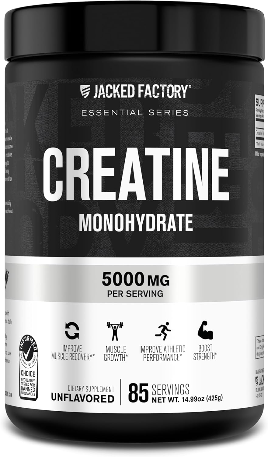 Jacked Factory Creatine Monohydrate Powder 425g - 5g Daily Micronized Creatine Monohydrate for Men and Women, Vegan-Friendly, Third-Party Tested - 85 Servings, Unflavored