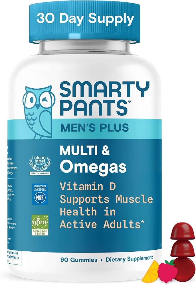 Smartypants Men's Multivitamin Gummies with Omega 3 DHA/EPA, Methylfolate, Vitamin D3, C, B12, B6, A, K, Zinc, Raspberry Lemonade Flavor, 90 Count (30 Day Supply)
