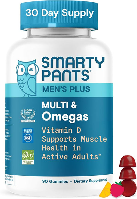 Smartypants Men's Multivitamin Gummies with Omega 3 DHA/EPA, Methylfolate, Vitamin D3, C, B12, B6, A, K, Zinc, Raspberry Lemonade Flavor, 90 Count (30 Day Supply)