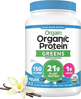 Orgain Organic Vegan Protein Powder + Greens, Vanilla Bean - 21g Plant Based Protein, Gluten Free, Dairy Free, Lactose Free, Soy Free, No Sugar Added, With Iron & Prebiotics for Gut Health - 1.94lb