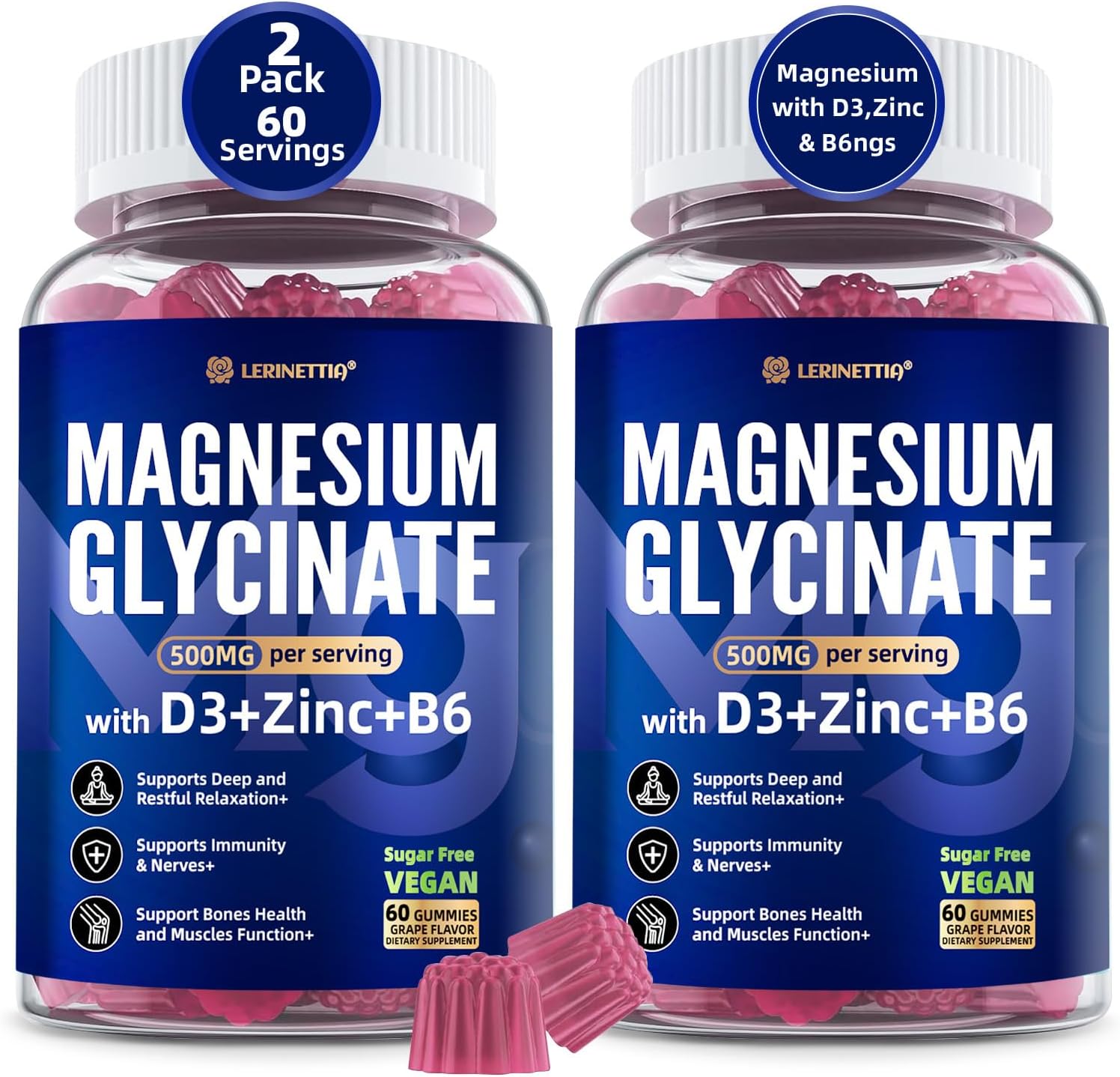 Magnesium Glycinate Gummies 500mg/250mg for Adults Teens 120Cts