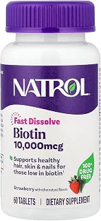 Natrol Biotin 10000mcg, 4X Faster Dissolve Supplement for Healthy Hair, Skin and Nails for Those Low in Biotin, Plus Energy Metabolism Support, 60 Tablets, Up to a 60 Day Supply