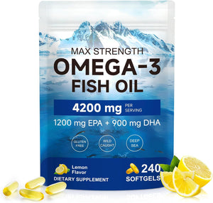 Fish Oil Omega 3 Supplements, 4200 mg Per Serving|240Pcs, 1200 mg EPA + 900 mg DHA Extra Strength for Eye/Brain/Heart Health, Lemon Flavor, No Fishy Aftertaste