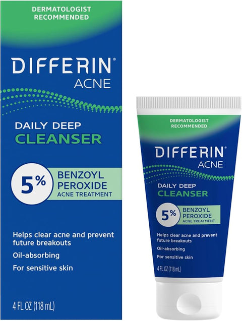 Differin Acne Face Wash, 5% Benzoyl Peroxide Daily Cleanser, 4oz