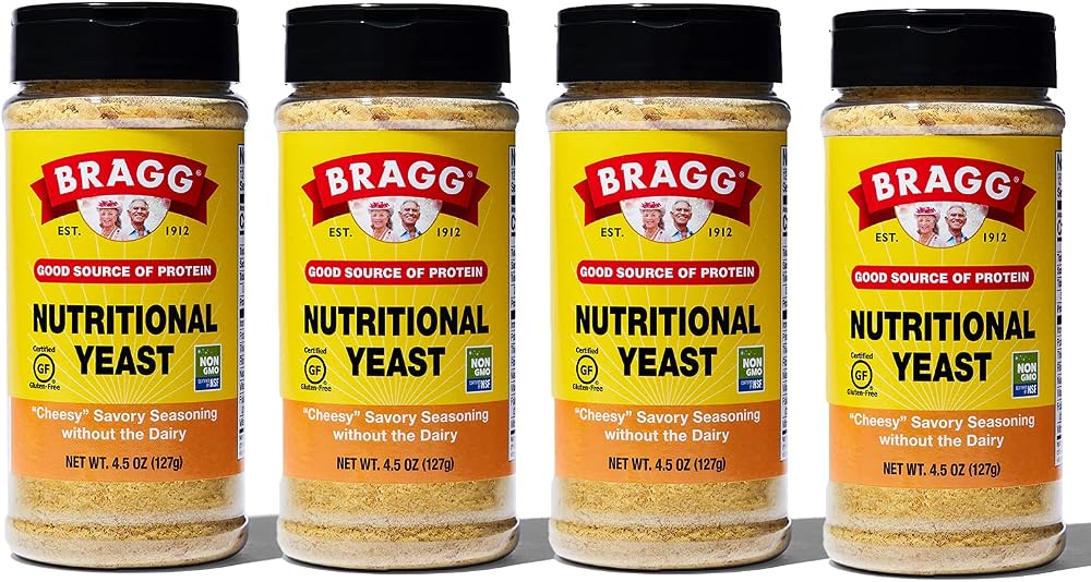 Bragg Nutritional Yeast Seasoning – Vegan, Gluten Free Cheese Flakes – Good Source of Protein & Vitamins – Nutritious Savory Parmesan Cheese Substitute – Non GMO Verified, 4.5 ounce, 4-Pack
