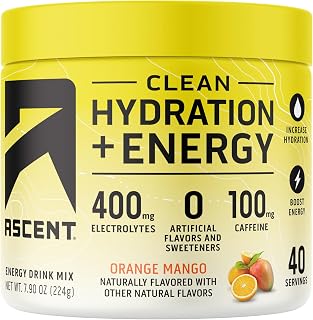 Ascent Clean Hydration + Energy Electrolytes Powder - 100mg Caffeine, 400mg Electrolytes, No Artificial Ingredients, Orange Mango 40 Servings