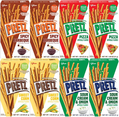 Baked Snack Sticks Variety Pack 8 Pack 1.09 oz Individual Bags, Crunchy and Savory Pretzel Snacks, Assorted Flavors: Spicy Barbeque, Sweet Corn, Pizza, Sour Cream & Onion, Perfect for Kids and Adults