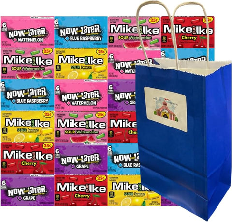 Assorted Candy Mix Variety Pack 24ct – Mike and Ike & Now and Later with Blue Paper Treat Bag – Fruity Chewy Candies in Individual Packs for Parties, Office, Events, Gifting, Holidays