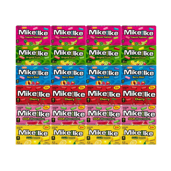 Candy Assorted Flavor Mike and Ike, 6 Flavor, Tropical Typhoon, Original Fruits, Berry Blast, Cherry, Sour Watermelon, Sour Lemon, 0.78 oz, 4 Each Flavor, 24 Pack – Perfect for Parties & Snacks