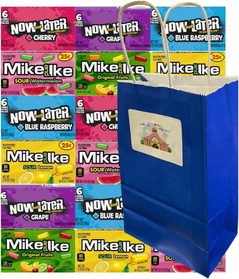 Assorted Candy Mix Variety Pack – 18 Individually Wrapped Pieces with Mike and Ike, Now and Later – Fruity Flavors – Party Favors, Goodie Bags, Halloween Candy – Blue Paper Bag 5.25x3.2x8
