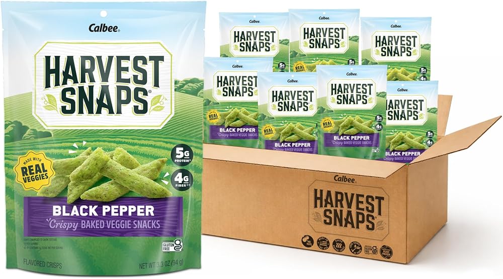 Harvest Snaps Veggie Chips (Black Pepper Snack Crisps) | Powered by Plant Protein, Gluten Free, Non-GMO Baked Vegetable Crisps | Made in USA (8 Snack Packs)