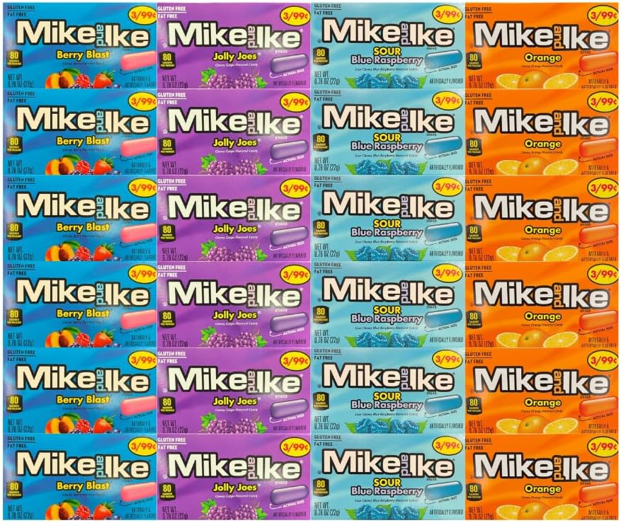 Big Top Deals USA Blue Paper Gift Bags with Mike and Ike Candy 24 Count – 6 Each of 4 Flavors – Jolly Joes, Berry Blast, Sour Blue Raspberry, Orange – 0.78 oz – Party Favors, Snacks, Treat Bags