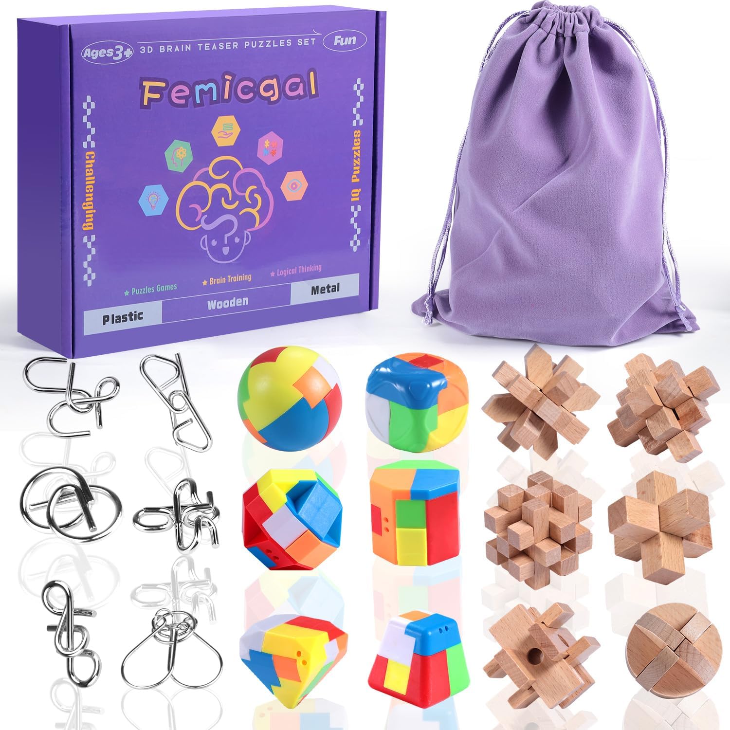 Brain Teaser Puzzles for Adults and Kids, 18Pcs Puzzle Games Set, 3D Wooden Plastic Metal Puzzle, Unlock Interlock Mind Brain Games, IQ Test Educational Toy