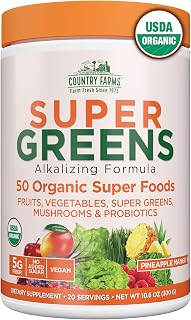 Country Farms Organic Super Greens Powder, 50 Organic Superfoods, Greens Drink with Fruits, Vegetables, Fiber, Probiotics & Mushrooms, Supports Energy, Gut Health & Digestion, Pineapple Mango Flavor