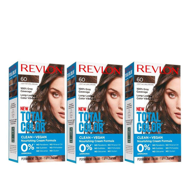 Revlon Permanent Hair Color, Permanent Hair Dye, Total Color with 100% Gray Coverage, Clean & Vegan, 60 Light Natural Brown, 10.2 Oz (Pack of 3)