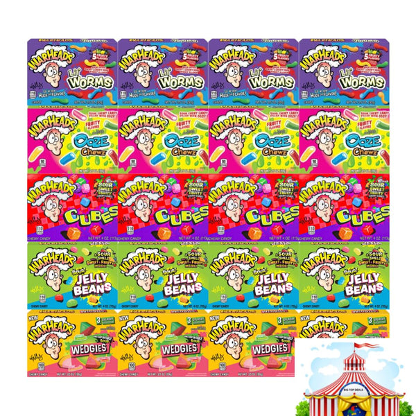 Chewy Bite-Size Candy Variety Pack - Warheads, 5 Flavors: Lil Worms, Ooze Chews, Sour Chewy, Sour Jelly Beans, Wedgies - Theater Size Boxes, 4 Each Flavor - 20 Pack - Perfect for Parties & Gifts