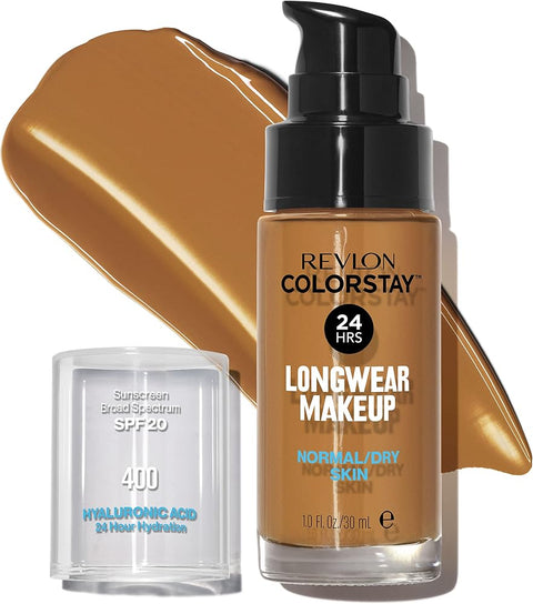 Revlon Liquid Foundation, ColorStay Face Makeup for Normal & Dry Skin, SPF 20, Longwear Medium-Full Coverage with Natural Finish, 400 Caramel, 1 fl oz