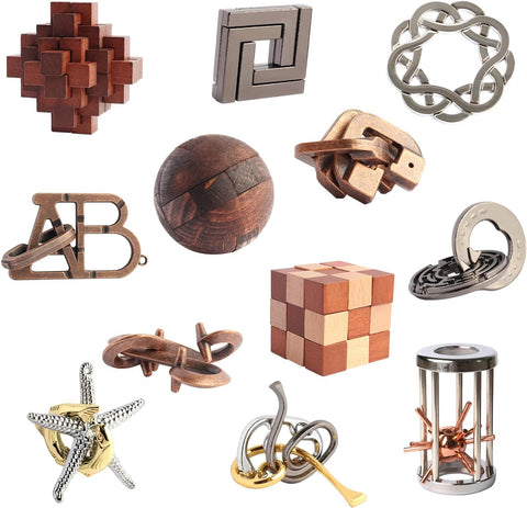 Puzzles Toys 12pcs Ring Metal Wooden Brain Teaser Puzzles for Adults Kids