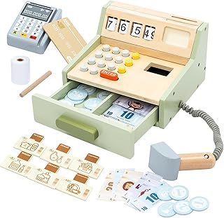 Wooden Toy Cash Register for Kids, Educational Toy Pretend Play Grocery