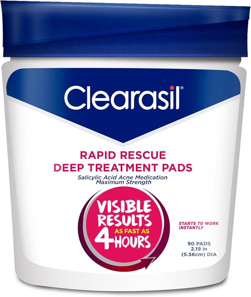 Clearasil Rapid Rescue Deep Treatment Acne Face Pads, Maximum Strenght with 2% Salicylic Acid Acne Treatment Medicine, 90 Count