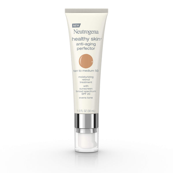 Neutrogena Healthy Skin Anti-Aging Perfector Tinted Facial Moisturizer and Retinol Treatment with Broad Spectrum SPF 20 Sunscreen with Titanium Dioxide, 50 Tan to Medium, 1 fl. oz