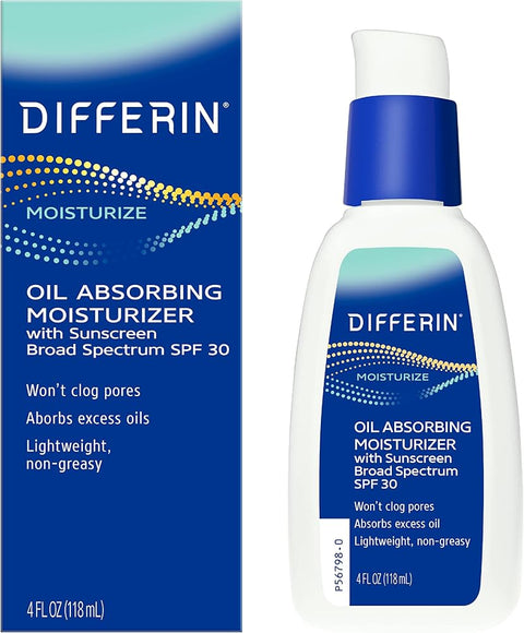 Differin Oil Absorbing Moisturizer with SPF 30, Sunscreen for Face by the makers of Differin Gel, Gentle Skin Care for Acne Prone Sensitive Skin, 4 oz (Packaging May Vary)