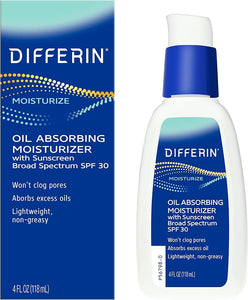 Differin Oil Absorbing Moisturizer with SPF 30, Sunscreen for Face by the makers of Differin Gel, Gentle Skin Care for Acne Prone Sensitive Skin, 4 oz (Packaging May Vary)