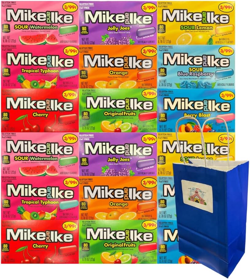 Big Top Deals USA Blue Paper Bag 5.25x3.2x8 in with Mike and Ike Candy 18 Pack, 2 Each of 9 Assorted Flavors, Fruit Chewy Candy Mix for Party Favors, Birthdays, Gifting, Goodie Bags
