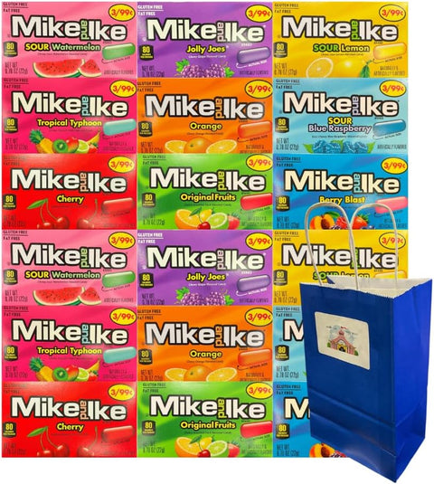 Big Top Deals USA Blue Paper Bag 5.25x3.2x8 in with Mike and Ike Candy 18 Pack, 2 Each of 9 Assorted Flavors, Fruit Chewy Candy Mix for Party Favors, Birthdays, Gifting, Goodie Bags