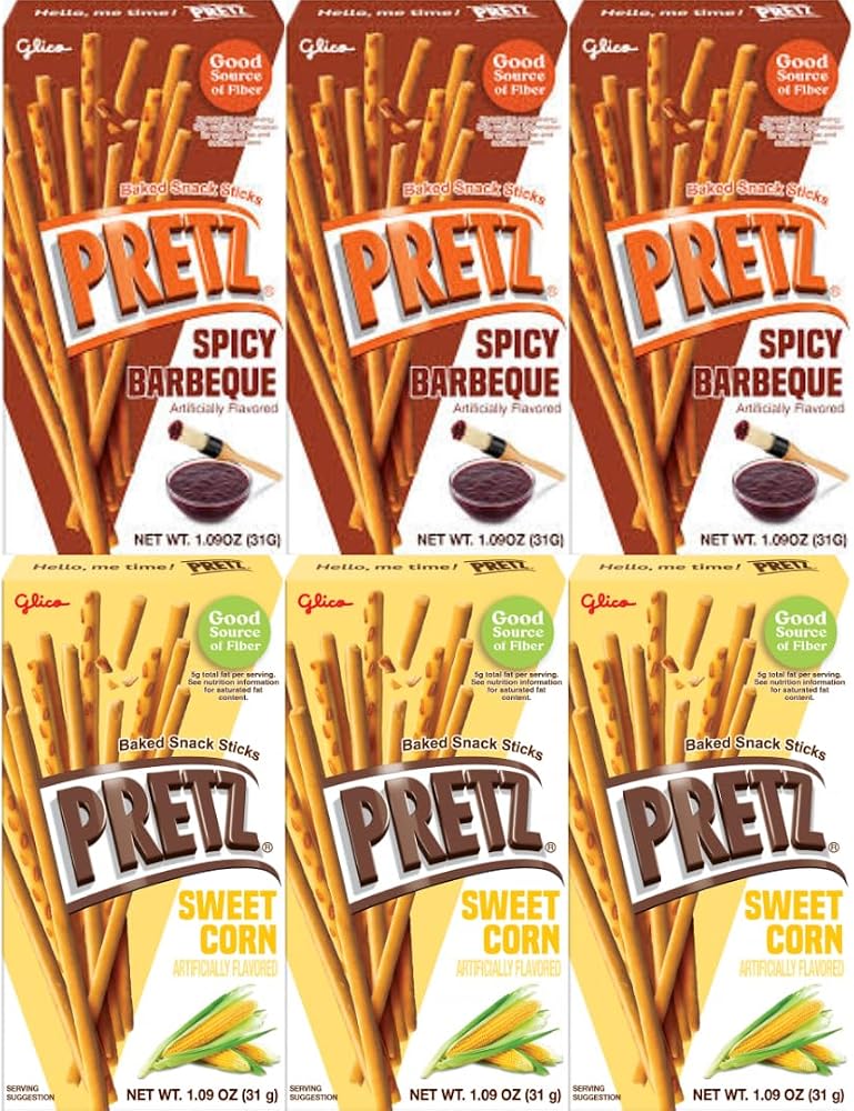 Baked Snack Sticks Variety Pack, 6 Pack of 1.09 oz Each, Crunchy and Savory Pretzel Snacks in Spicy Barbeque and Sweet Corn Flavors, Perfect for Kids, Adults, School, Work, or Travel