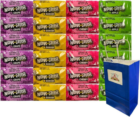 Variety Pack Now and Later Taffy Chews - Cherry, Banana, Grape, Apple, Chewy Candy for All Occasions, 0.93 Ounce Each, 6 Pieces per Flavor, 24 Pack with Blue Paper Bag (5.25 x 3.2 x 8 Inch)