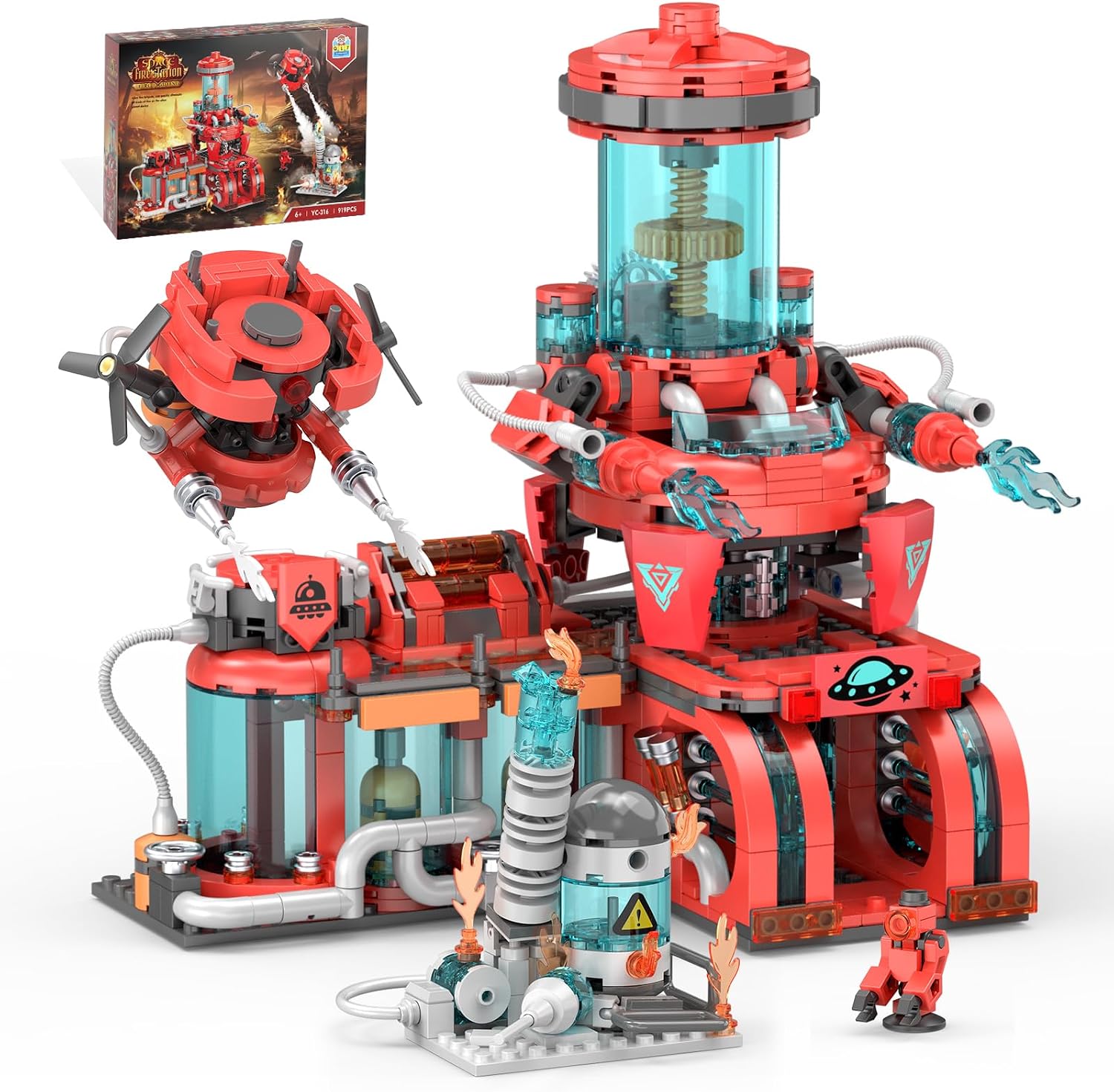 City Fire Station Building Set, Space Fire Station with Spaceship, Compatible with Lego, 919PCS Creative Construction Building Blocks Toys for Boys Kids Age 6-12, Ideal Gifts for Birthday Christmas