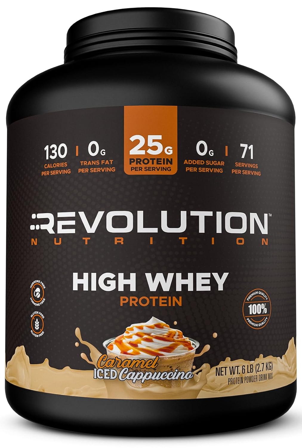 Revolution Nutrition, High Whey, Protein Powder 6LB, Whey Protein, Gluten Free, 25g of Protein Per Scoop, 2.7kg, 73 Servings (Caramel Iced Cappuccino, 6 Pound)