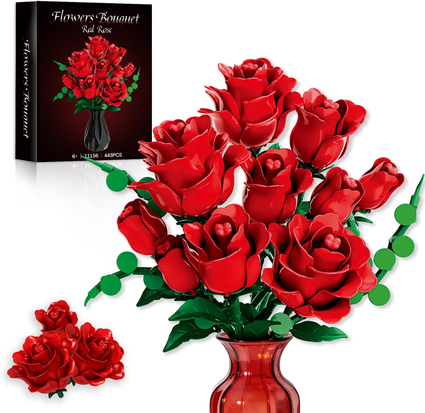 Red Rose Flower Bouquet Building Set - Compatible with Lego Flowers for Adults Women Couple Wife Girlfriend Mom, Artificial Botanicals Valentines Home Office Table Centerpiece Decor