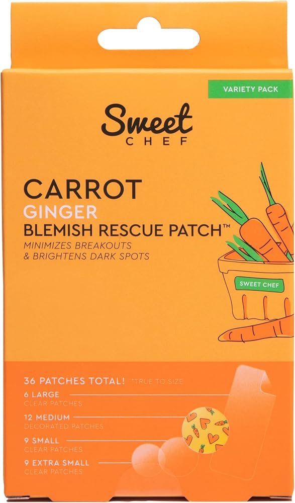 Sweet Chef Carrot Ginger Rescue Blemish Patches - Hydrocolloid Bandages Spot Treatment - 4 Different Shape and Size Pimple Patches with Resurfacing Carrot & Brightening Ginger (36 Patches)